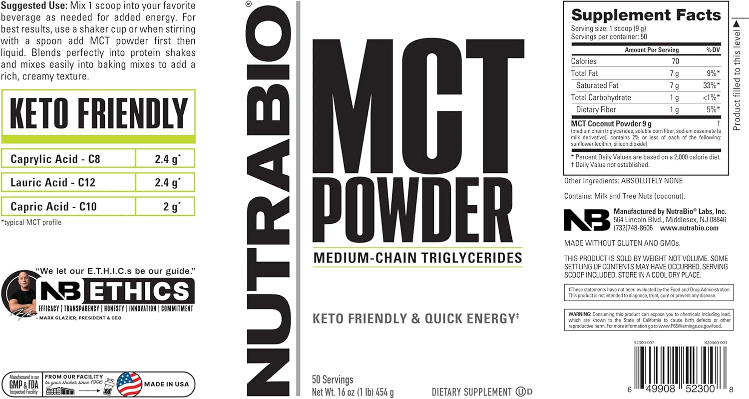 NutraBio MCT Powder 1 lb - Keto Friendly Lean Weight Gain Supplement with Medium Chain Triglycerides - 50 Servings
