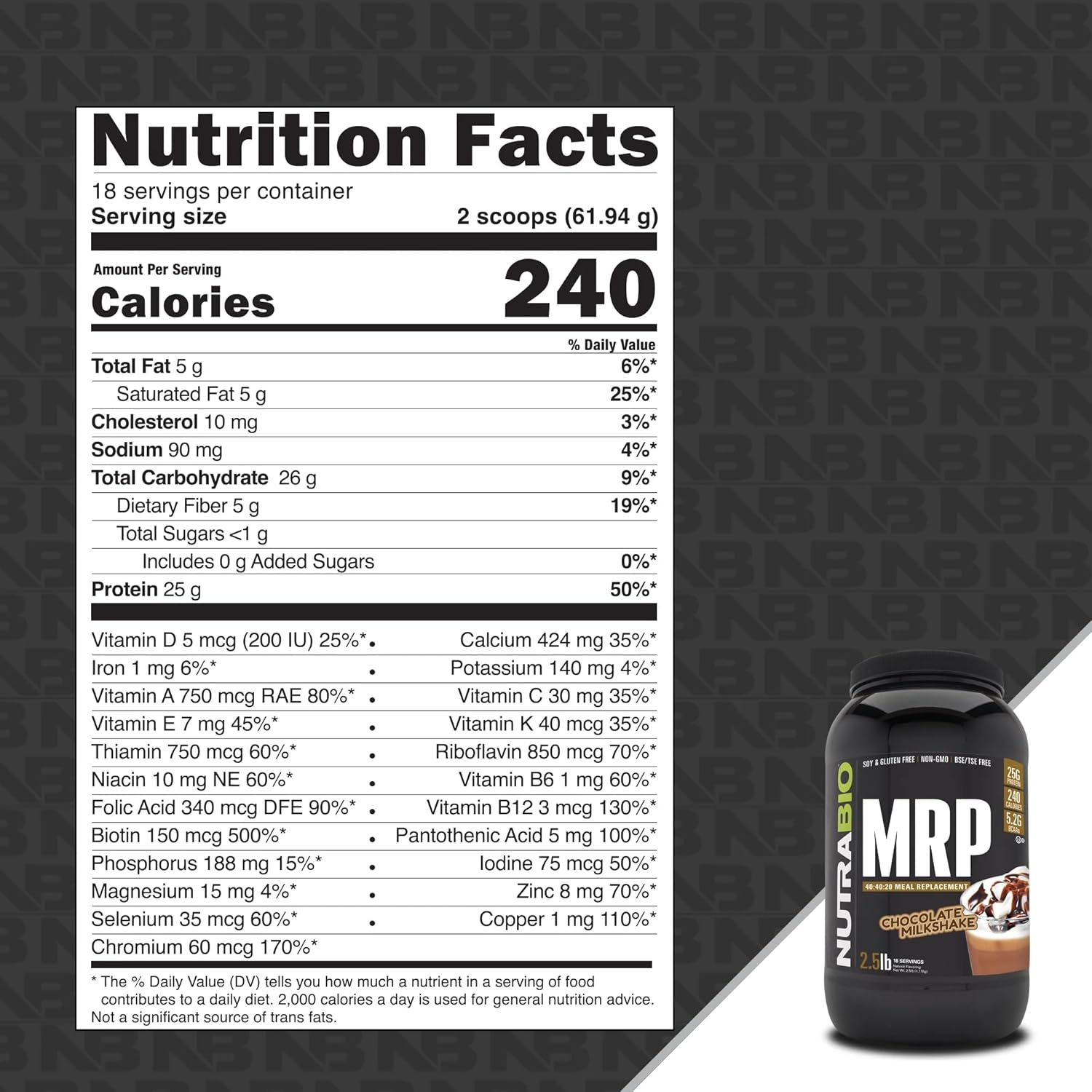 NutraBio MRP Chocolate Complete Meal Replacement Protein Powder 2.5lbs