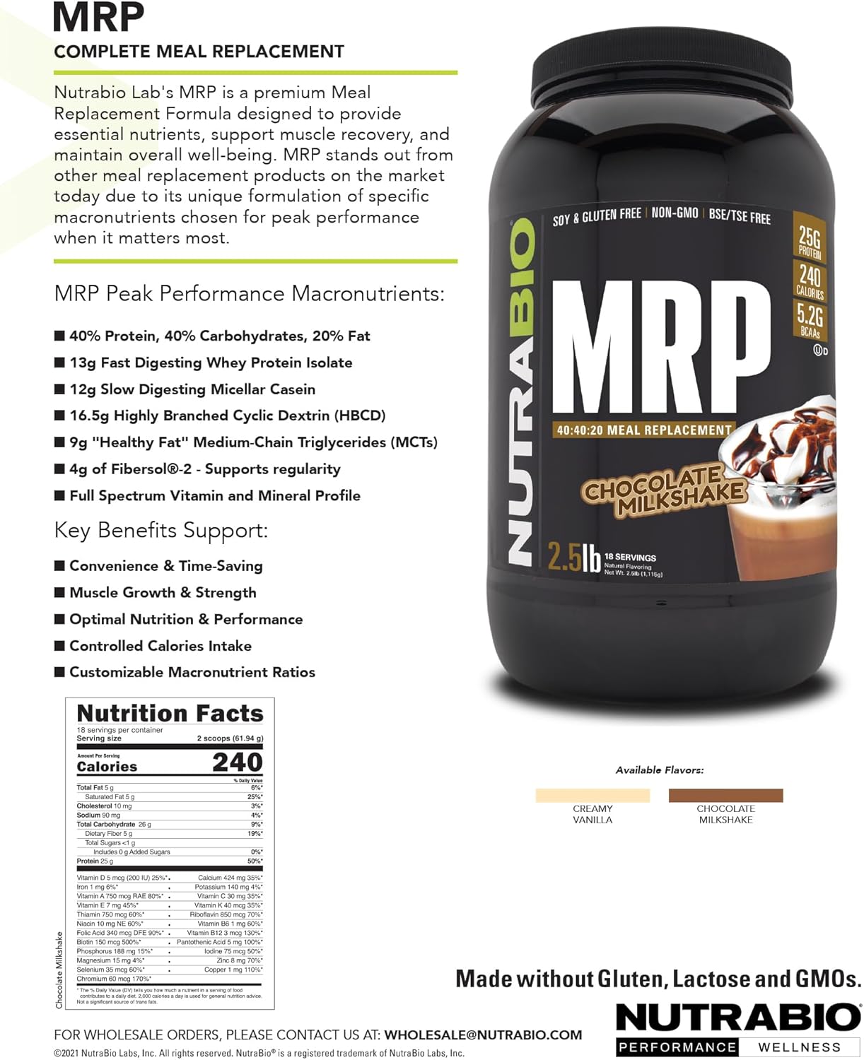NutraBio MRP Chocolate Complete Meal Replacement Protein Powder 2.5lbs