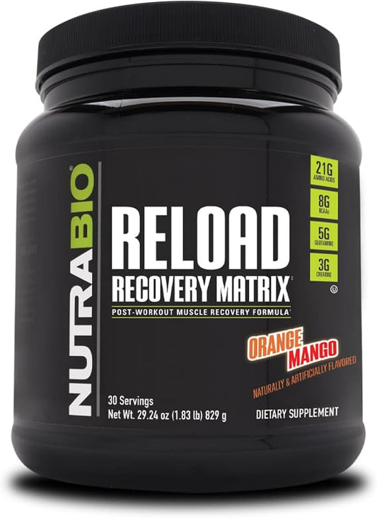 NutraBio Reload Post-Workout Supplement, Orange Mango Flavor - Muscle Recovery Formula with 3G Creatine, 8G BCAAs, and 5G Glutamine - 30 Servings