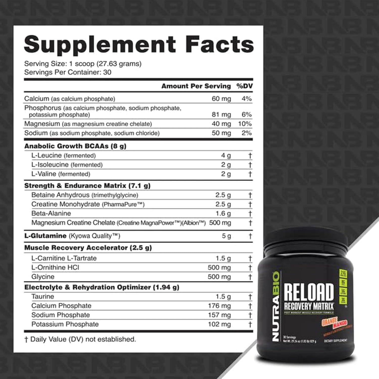NutraBio Reload Post-Workout Supplement, Orange Mango Flavor - Muscle Recovery Formula with 3G Creatine, 8G BCAAs, and 5G Glutamine - 30 Servings