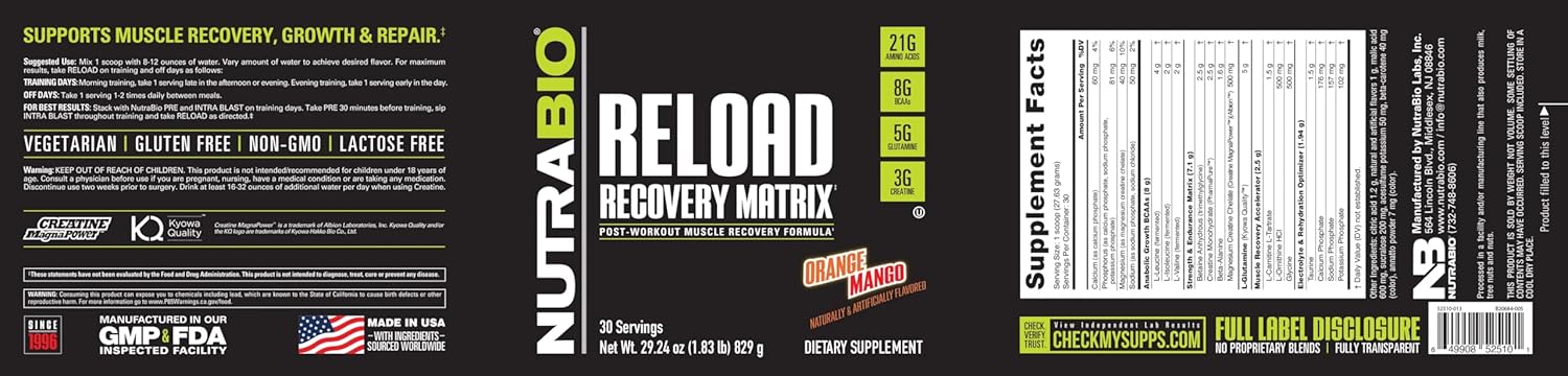 NutraBio Reload Post-Workout Supplement, Orange Mango Flavor - Muscle Recovery Formula with 3G Creatine, 8G BCAAs, and 5G Glutamine - 30 Servings