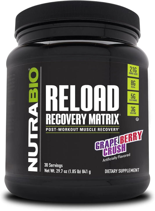 NutraBio Reload Post-Workout Supplement with Powerful Muscular Recovery Formula, 3G Creatine, 8G BCAAs, 5G Glutamine - 30 Servings, Grape Berry Crush
