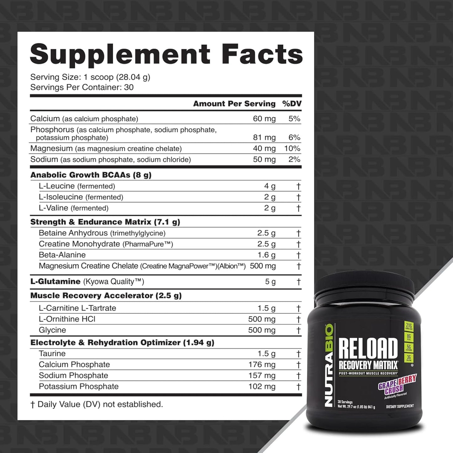 NutraBio Reload Post-Workout Supplement with Powerful Muscular Recovery Formula, 3G Creatine, 8G BCAAs, 5G Glutamine - 30 Servings, Grape Berry Crush