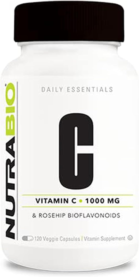 NutraBio Vitamin C with Rose HIPS - Promotes Strong Bones, Teeth, and Immune System - 120 Capsules, 1000mg per Capsule