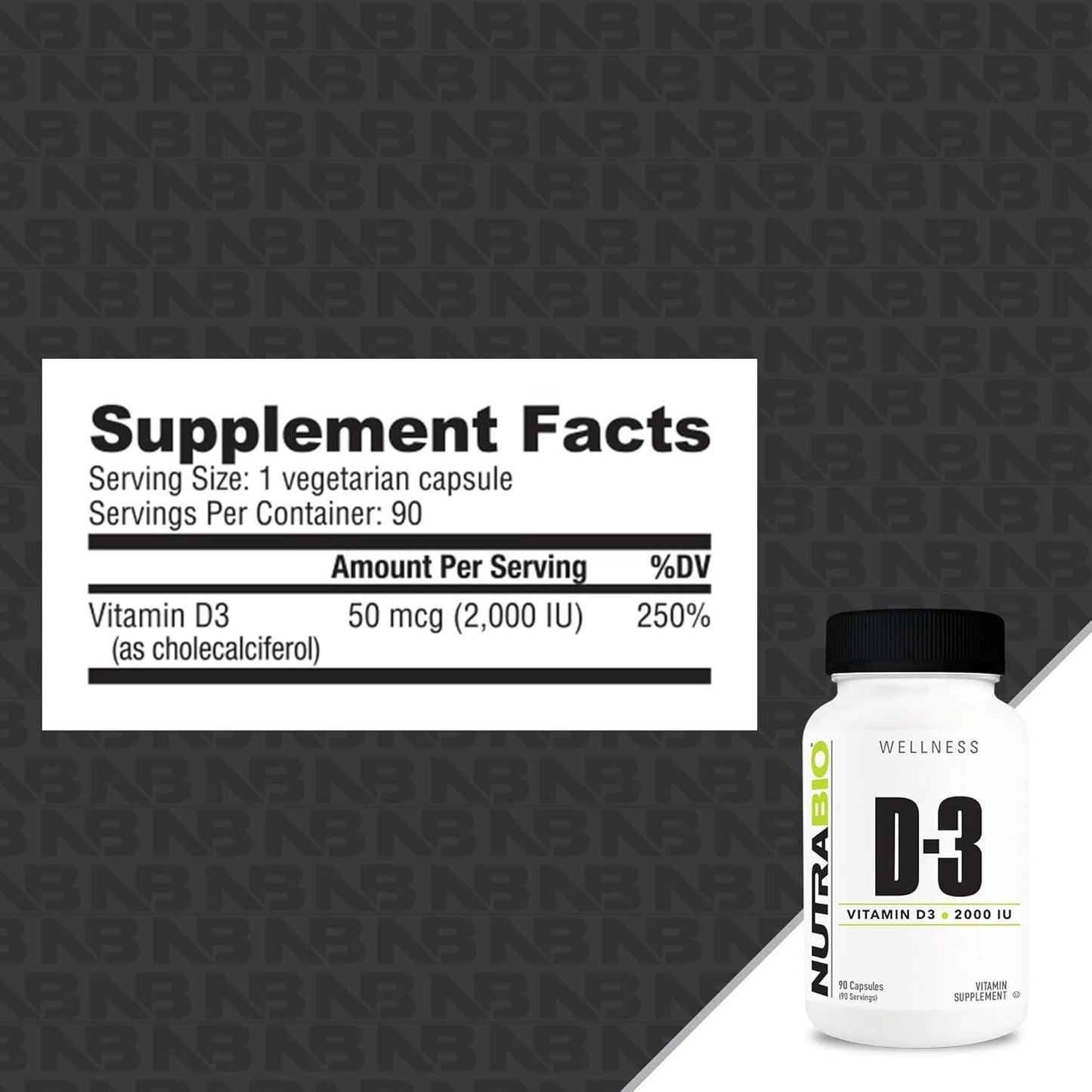 NutraBio Vitamin D 2000 IU Capsules for Immune Support - 90 Count