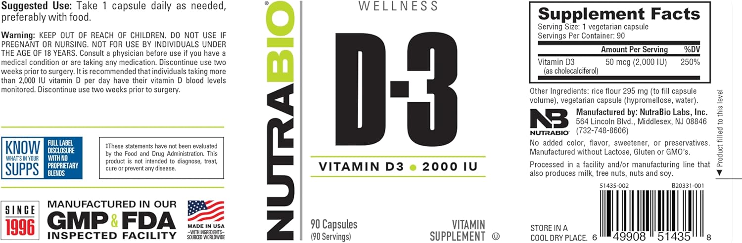 NutraBio Vitamin D 2000 IU Capsules for Immune Support - 90 Count