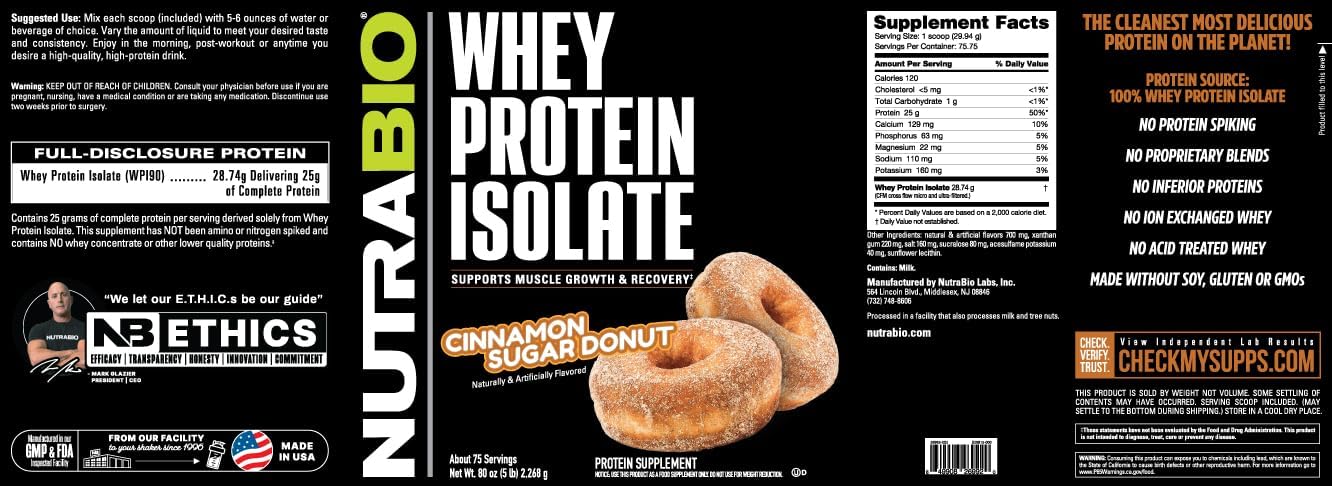 NutraBio Whey Protein Isolate Powder - Cinnamon Sugar Donut Flavor - 25g Protein, Complete Amino Acid Profile - Soy & Gluten Free - Non-GMO - 5 Lbs. - BoostGo Australia