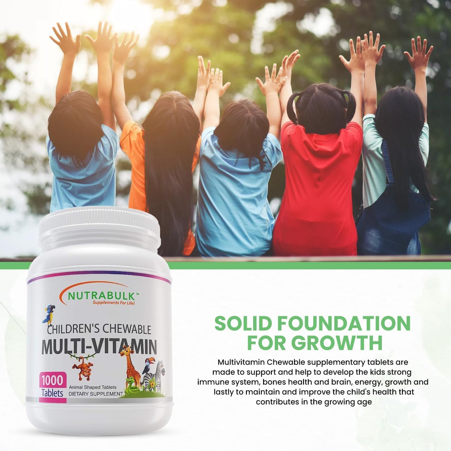 NutraBulk Children's Chewable Multi-Vitamins - USA-Made, Vegan, Gluten Free, 1000 Cherry Tablets - Supports Kids' Immune, Bone, Brain Health & Well Being