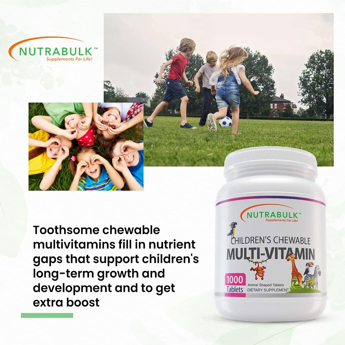 NutraBulk Children's Chewable Multi-Vitamins - USA-Made, Vegan, Gluten Free, 1000 Cherry Tablets - Supports Kids' Immune, Bone, Brain Health & Well Being
