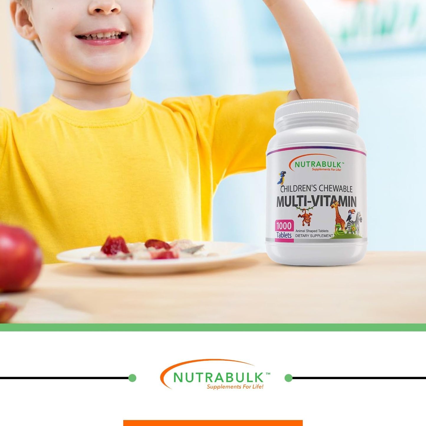 NutraBulk Children's Chewable Multi-Vitamins - USA-Made, Vegan, Gluten Free, 1000 Cherry Tablets - Supports Kids' Immune, Bone, Brain Health & Well Being