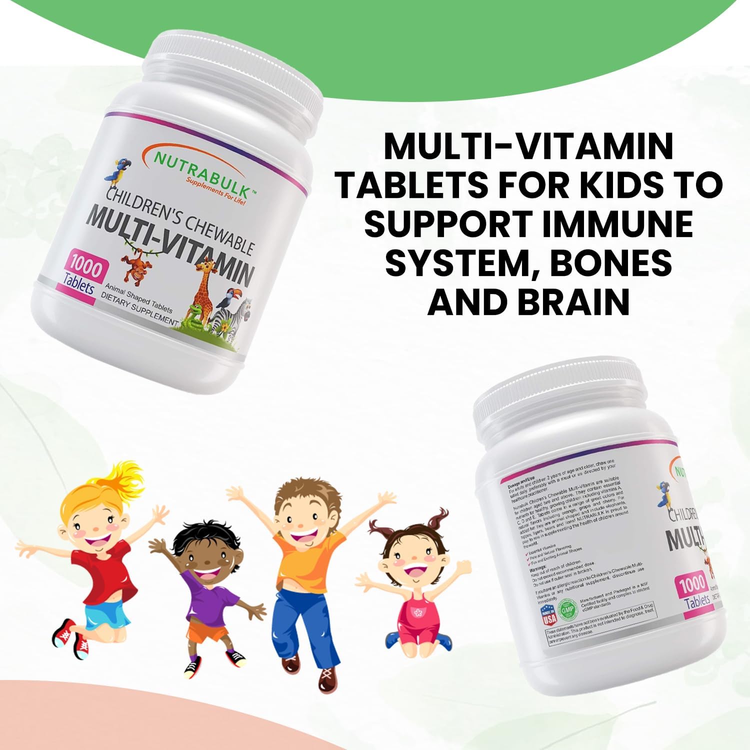 NutraBulk Children's Chewable Multi-Vitamins - USA-Made, Vegan, Gluten Free, 1000 Cherry Tablets - Supports Kids' Immune, Bone, Brain Health & Well Being