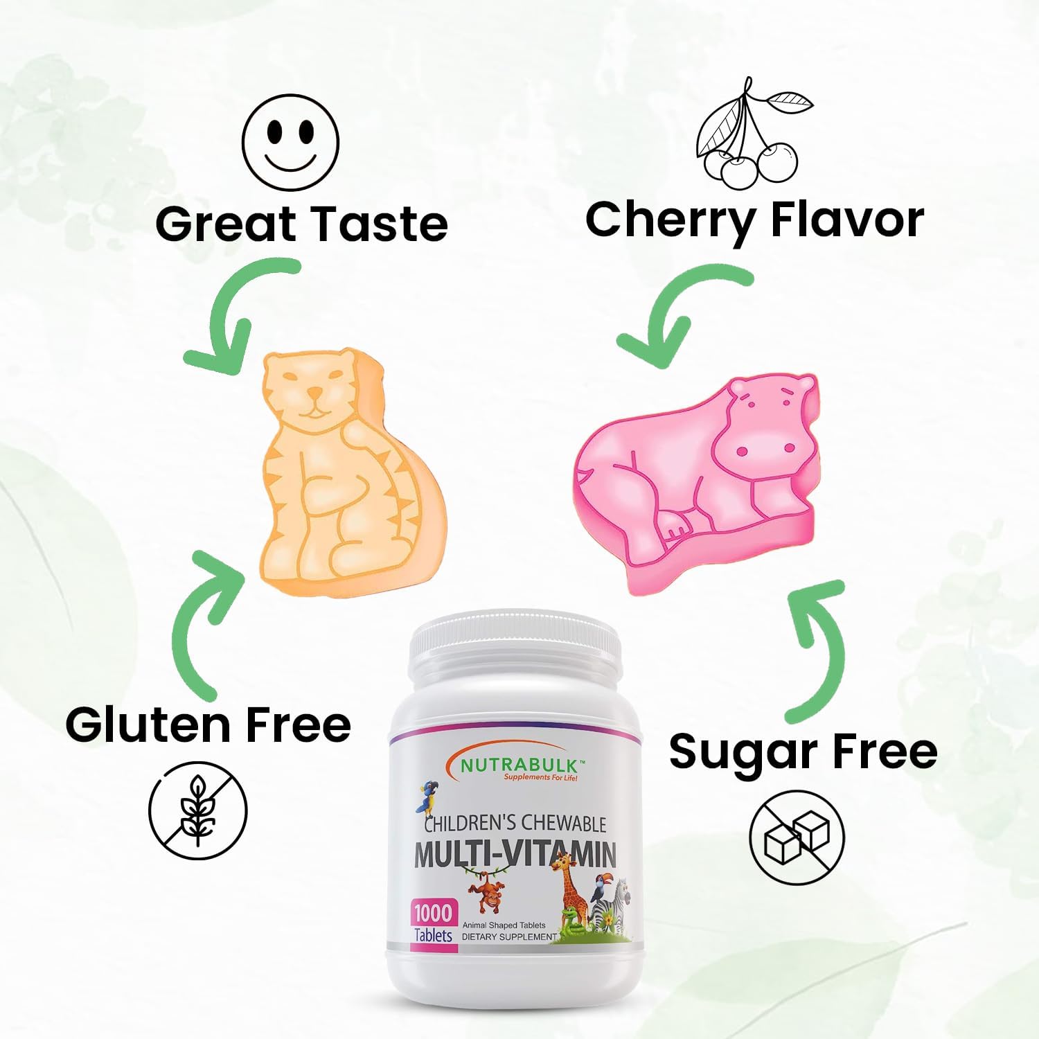 NutraBulk Children's Chewable Multi-Vitamins - USA-Made, Vegan, Gluten Free, 1000 Cherry Tablets - Supports Kids' Immune, Bone, Brain Health & Well Being