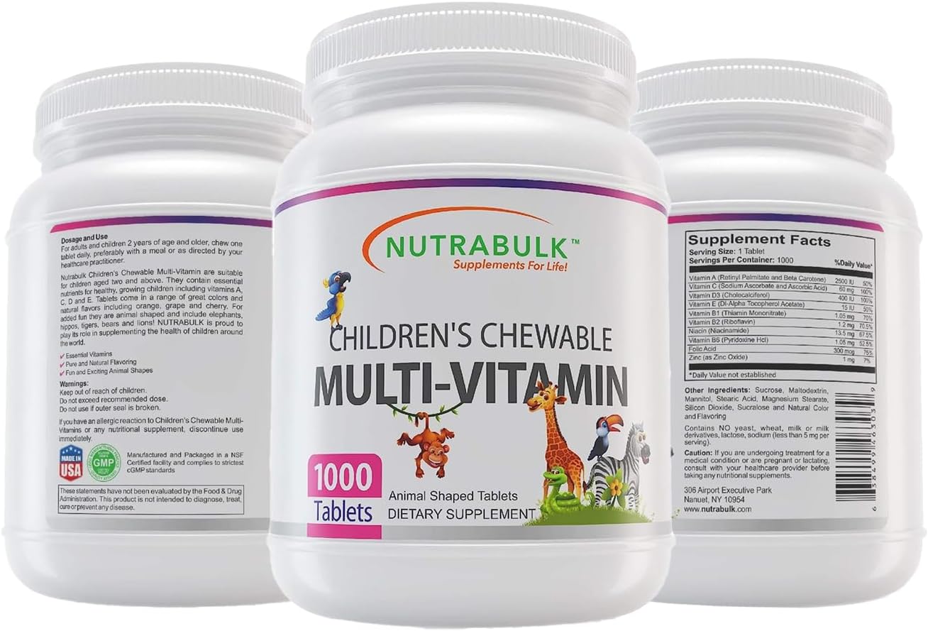 NutraBulk Children's Chewable Multi-Vitamins - USA-Made, Vegan, Gluten Free, 1000 Cherry Tablets - Supports Kids' Immune, Bone, Brain Health & Well Being