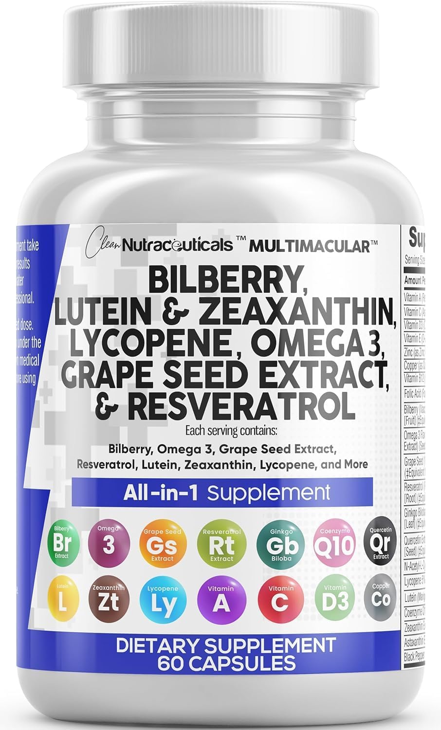 Nutraceuticals Eye Health Vitamins with Bilberry, Lutein, Zeaxanthin, Lycopene, Resveratrol, Grape Seed Extract, Omega 3, Astaxanthin - 60 Capsules