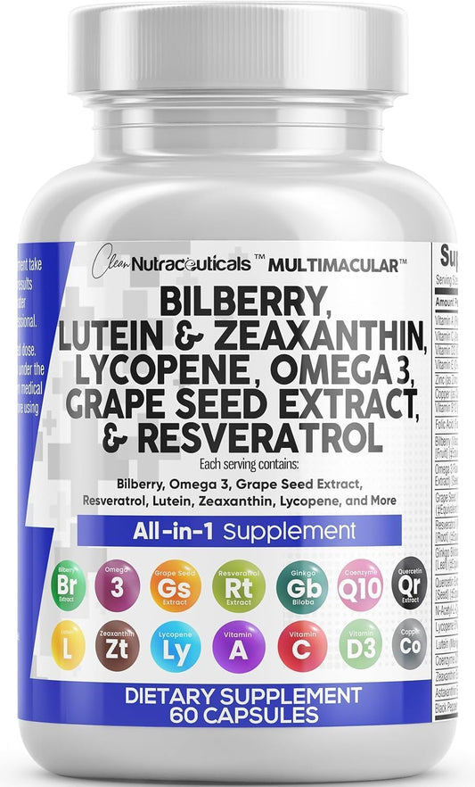 Nutraceuticals Eye Health Vitamins with Bilberry, Lutein, Zeaxanthin, Lycopene, Resveratrol, Grape Seed Extract, Omega 3, Astaxanthin - 60 Capsules