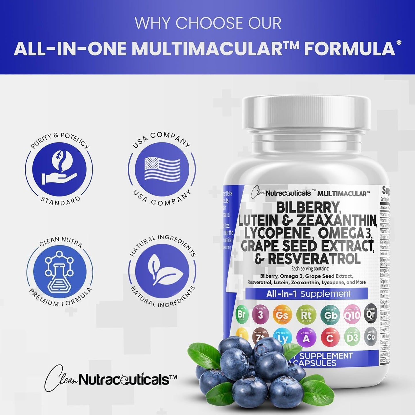 Nutraceuticals Eye Health Vitamins with Bilberry, Lutein, Zeaxanthin, Lycopene, Resveratrol, Grape Seed Extract, Omega 3, Astaxanthin - 60 Capsules
