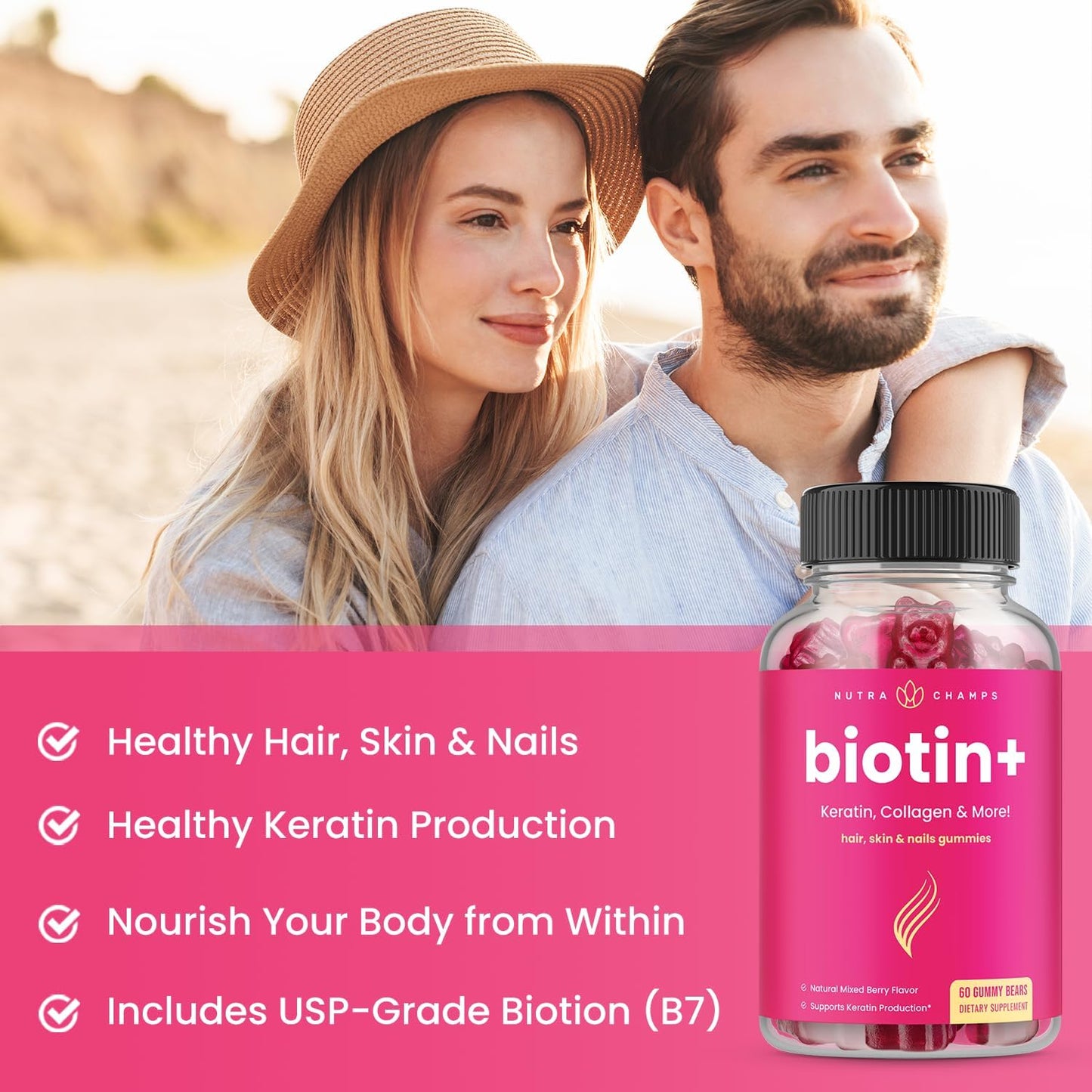 NutraChamps Biotin + Collagen + Keratin for Healthy Hair, Skin, and Nails