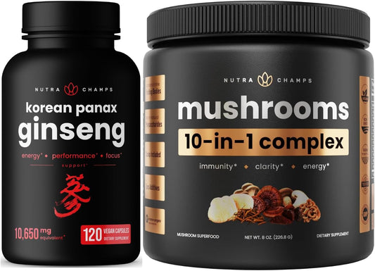 NutraChamps Ultimate Energy, Stamina & Cognition Support Bundle - 10-in-1 Mushrooms Powder & Ginseng