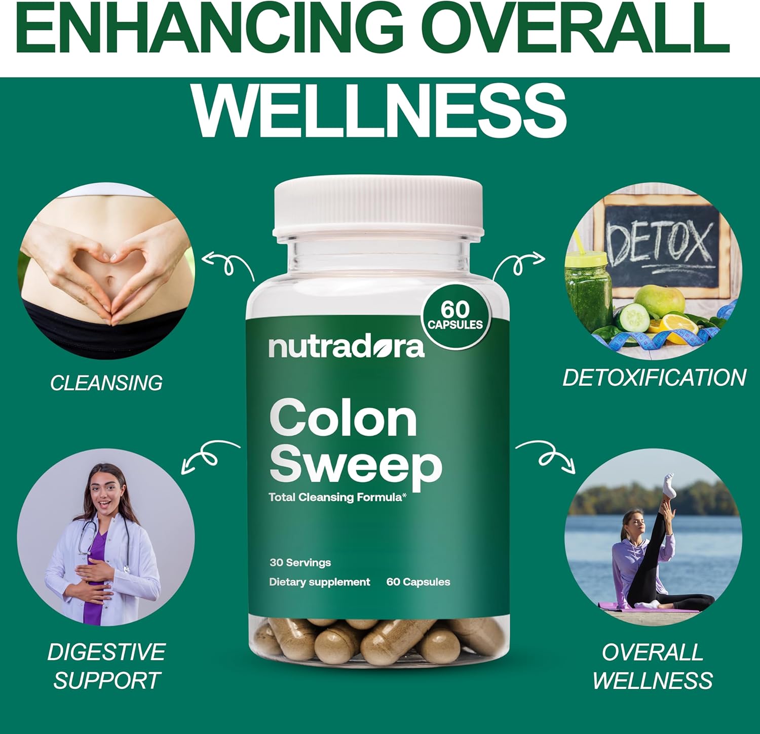 Nutradora Gentle Colon Cleanser & Detox Supplement for Digestive Regularity - Full Body Cleanse for Men & Women, 1-Pack