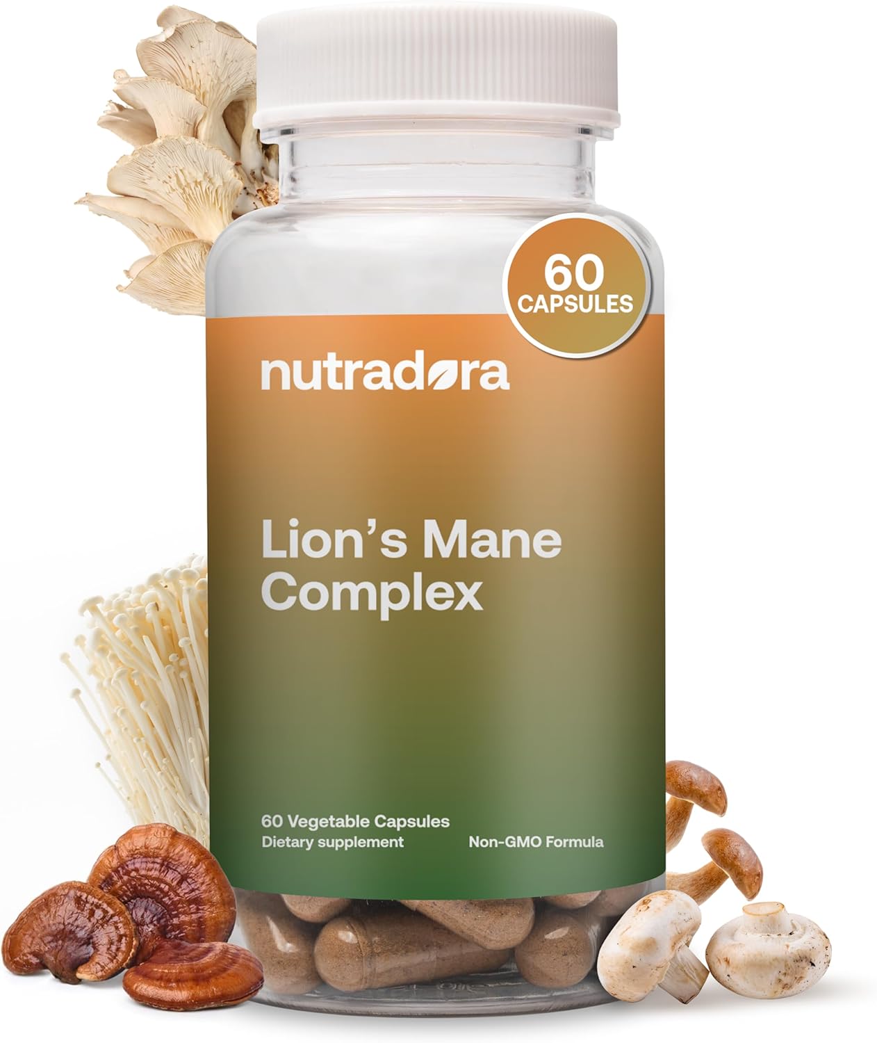 Nutradora Lions Mane and Reishi Supplement Capsules - 2000mg Mushroom Strength with Chaga, Shiitake, Maitake - Mental Clarity, Memory, Immune Support - USA Grown