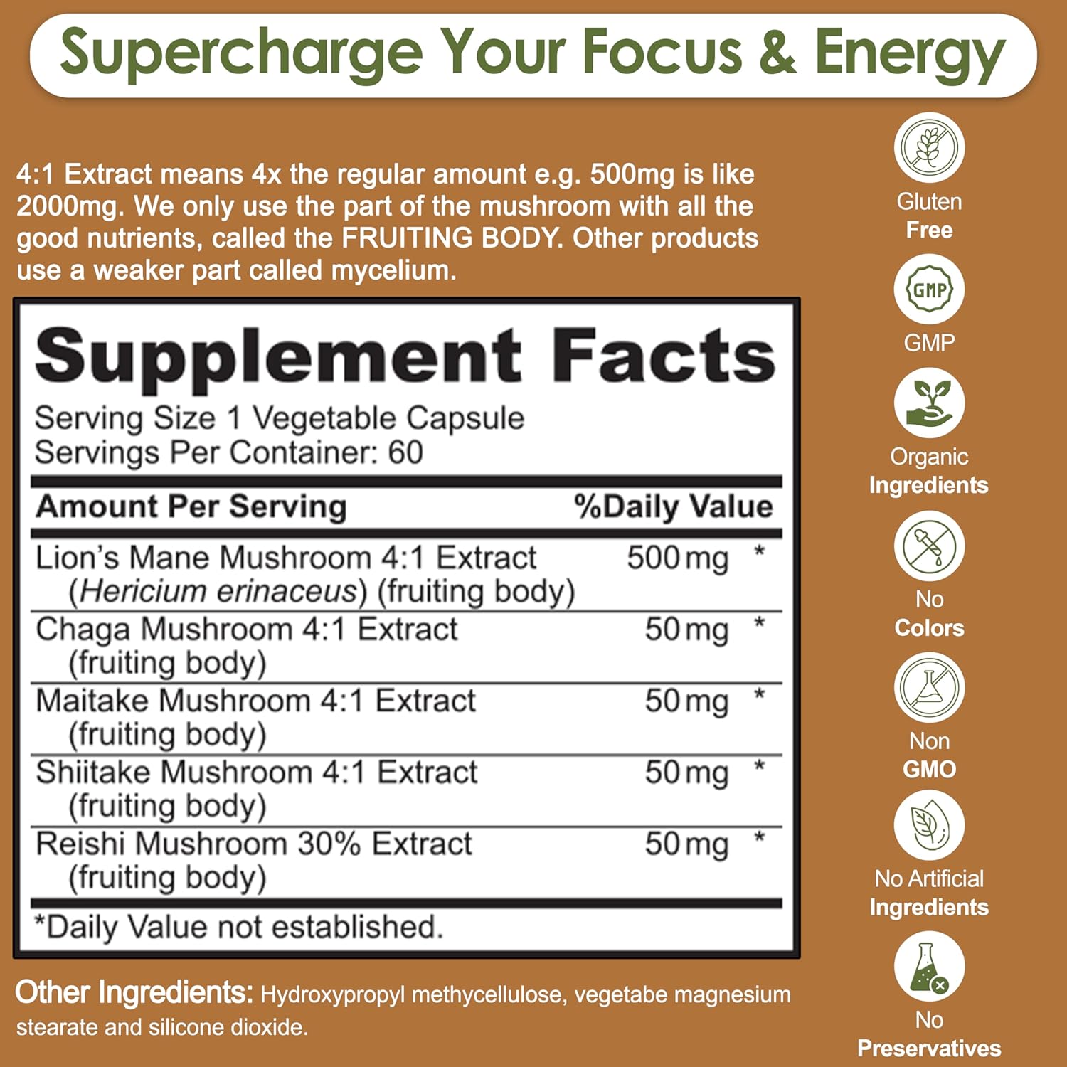 Nutradora Lions Mane and Reishi Supplement Capsules - 2000mg Mushroom Strength with Chaga, Shiitake, Maitake - Mental Clarity, Memory, Immune Support - USA Grown