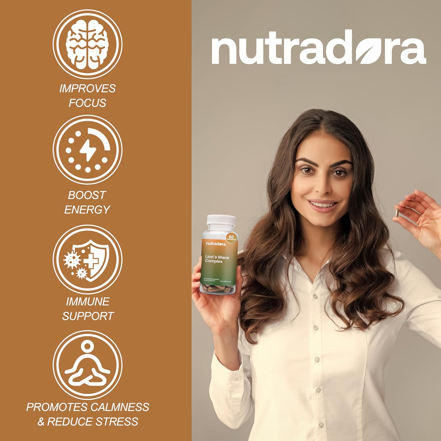 Nutradora Lions Mane and Reishi Supplement Capsules - 2000mg Mushroom Strength with Chaga, Shiitake, Maitake - Mental Clarity, Memory, Immune Support - USA Grown