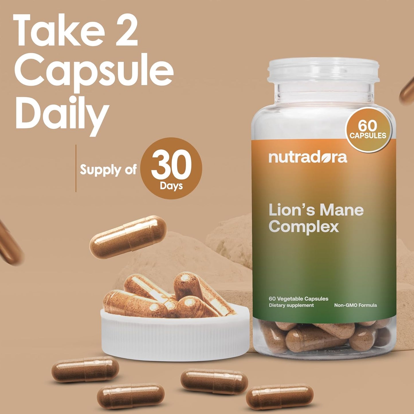 Nutradora Lions Mane and Reishi Supplement Capsules - 2000mg Mushroom Strength with Chaga, Shiitake, Maitake - Mental Clarity, Memory, Immune Support - USA Grown