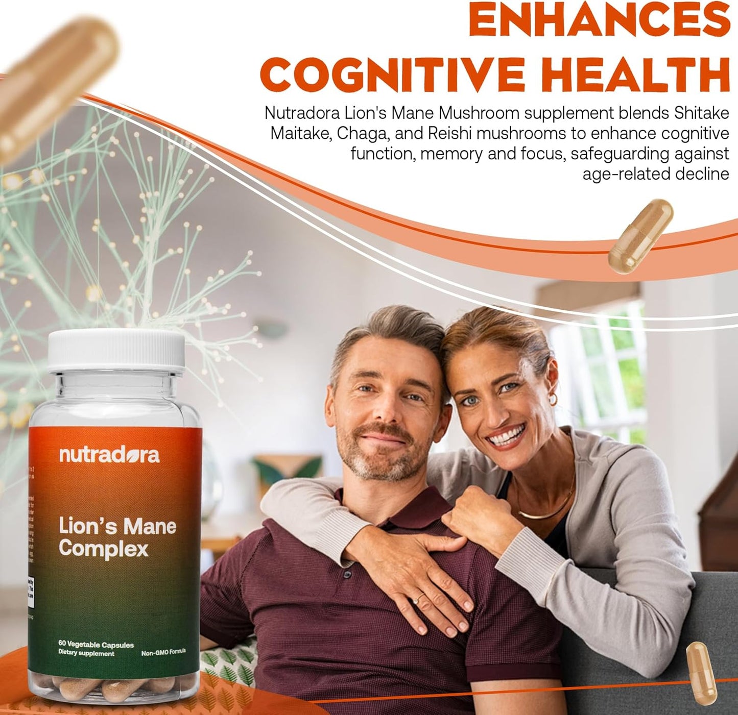 Nutradora Lions Mane and Reishi Supplement Capsules - 2000mg Mushroom Strength with Chaga, Shiitake, Maitake - Mental Clarity, Memory, Immune Support - USA Grown