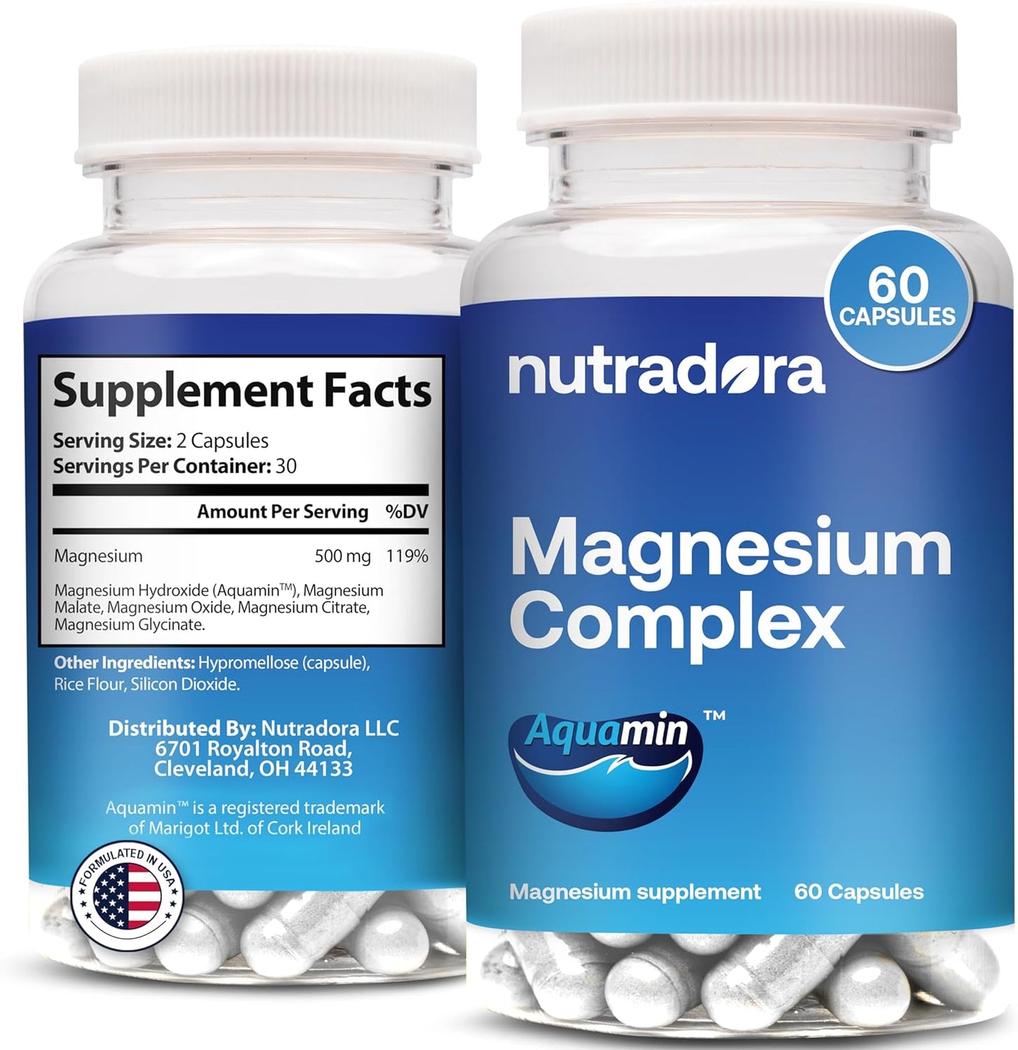 Nutradora Magnesium Complex 500mg Supplement for Sleep, Heart & Muscle Health - Men & Women's Magnesium Glycinate & Oxide - 60 Capsules
