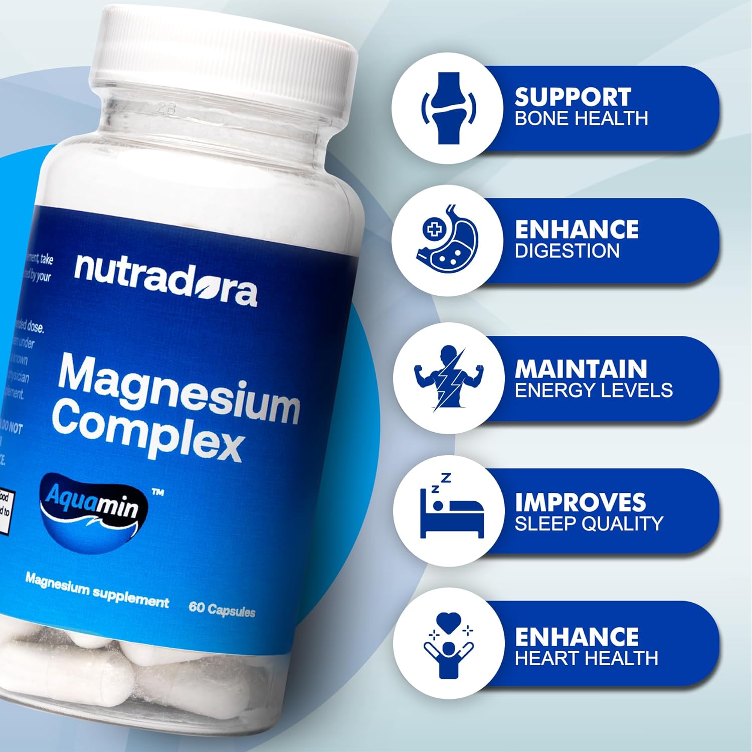 Nutradora Magnesium Complex 500mg Supplement for Sleep, Heart & Muscle Health - Men & Women's Magnesium Glycinate & Oxide - 60 Capsules