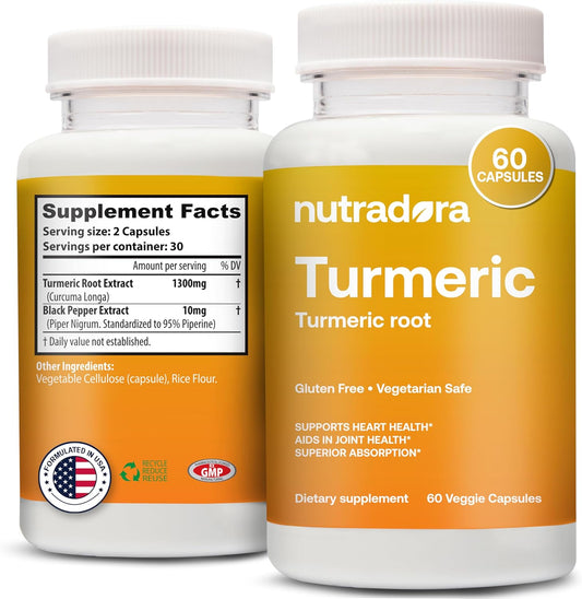 Nutradora Turmeric Curcumin 1300mg with BioPerine for Joint Support - Gluten Free & Non-GMO - 30 Day Supply