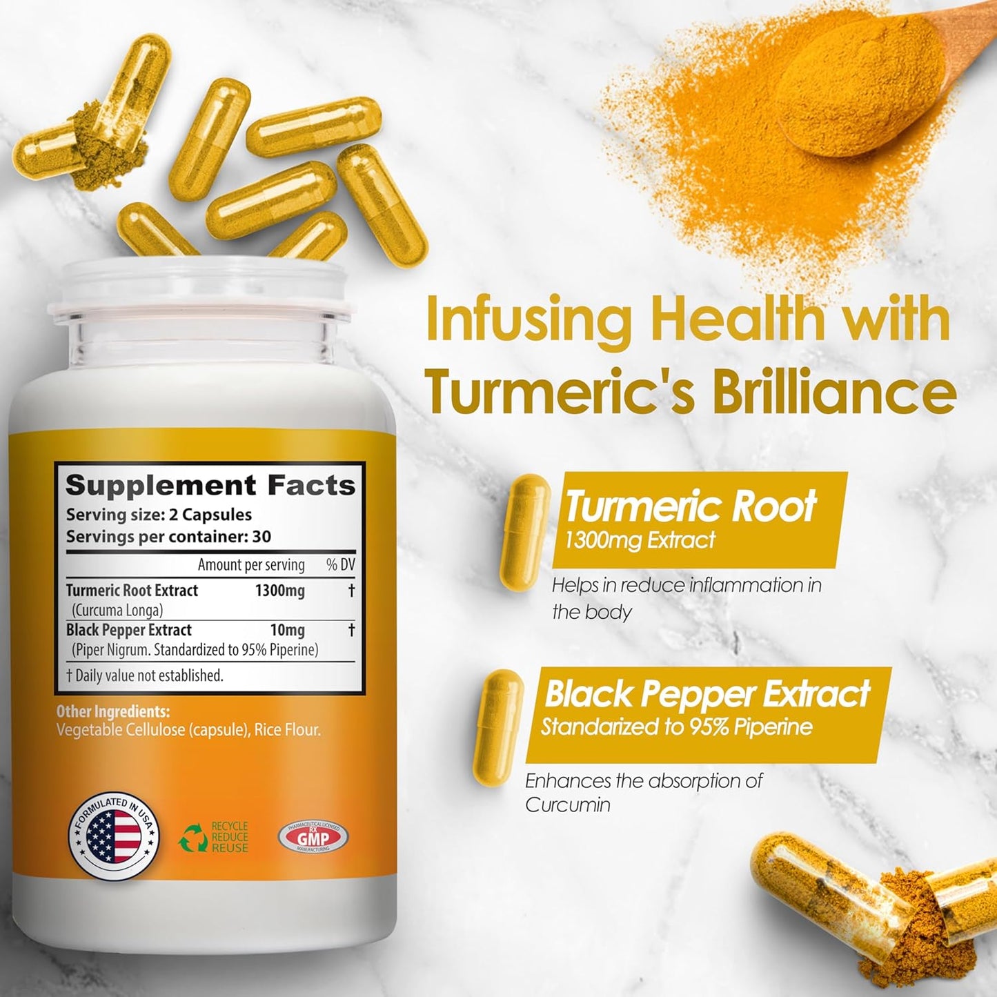 Nutradora Turmeric Curcumin 1300mg with BioPerine for Joint Support - Gluten Free & Non-GMO - 30 Day Supply
