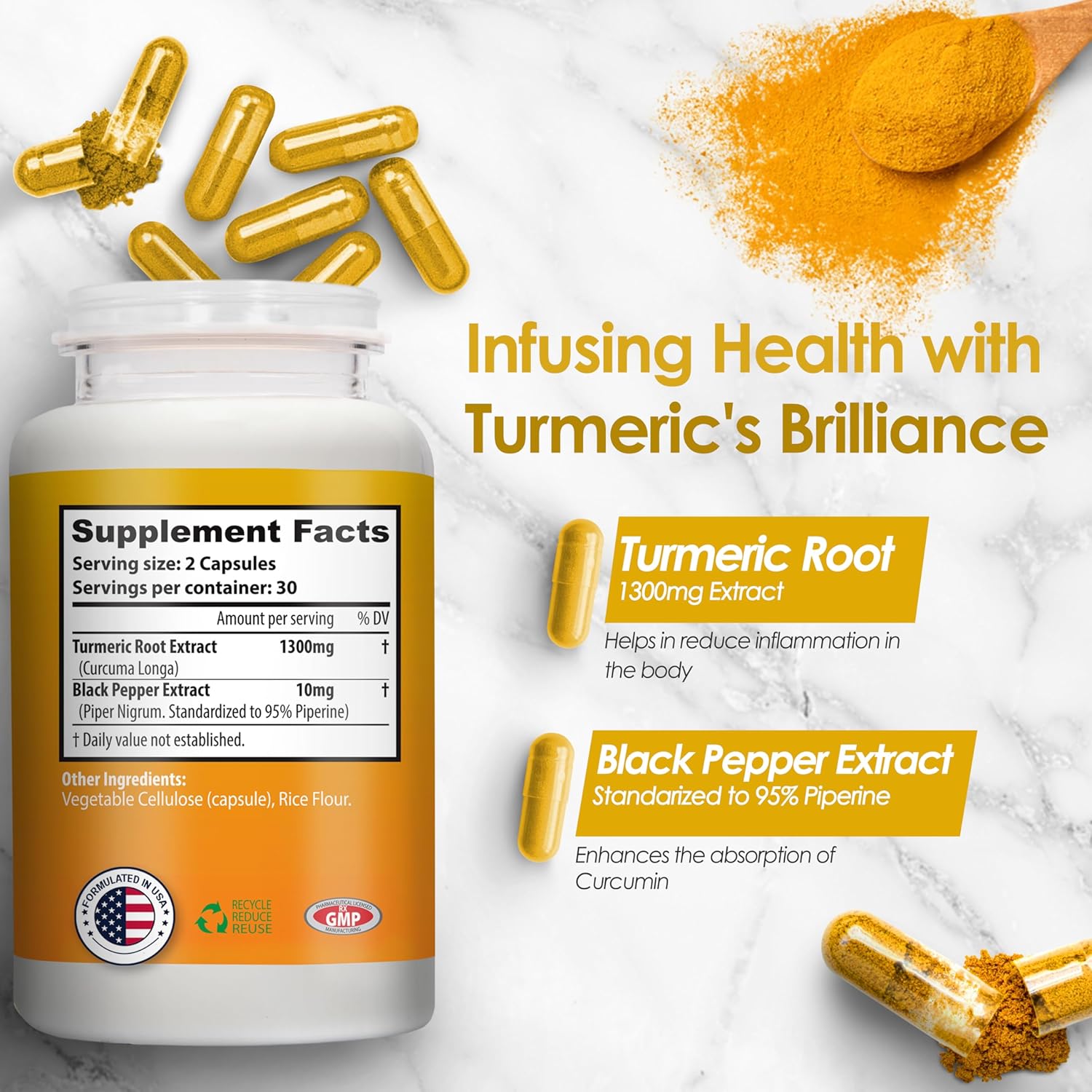 Nutradora Turmeric Curcumin 1300mg with BioPerine for Joint Support - Gluten Free & Non-GMO - 30 Day Supply