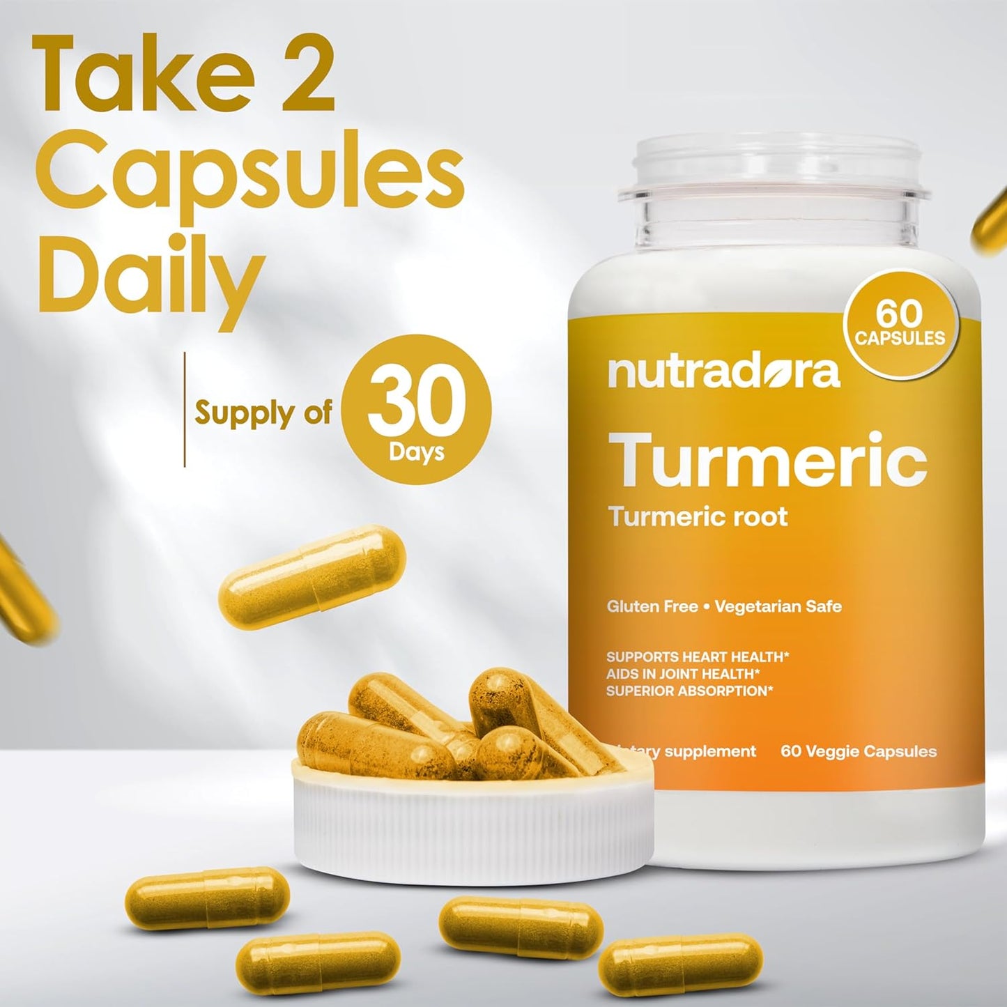 Nutradora Turmeric Curcumin 1300mg with BioPerine for Joint Support - Gluten Free & Non-GMO - 30 Day Supply