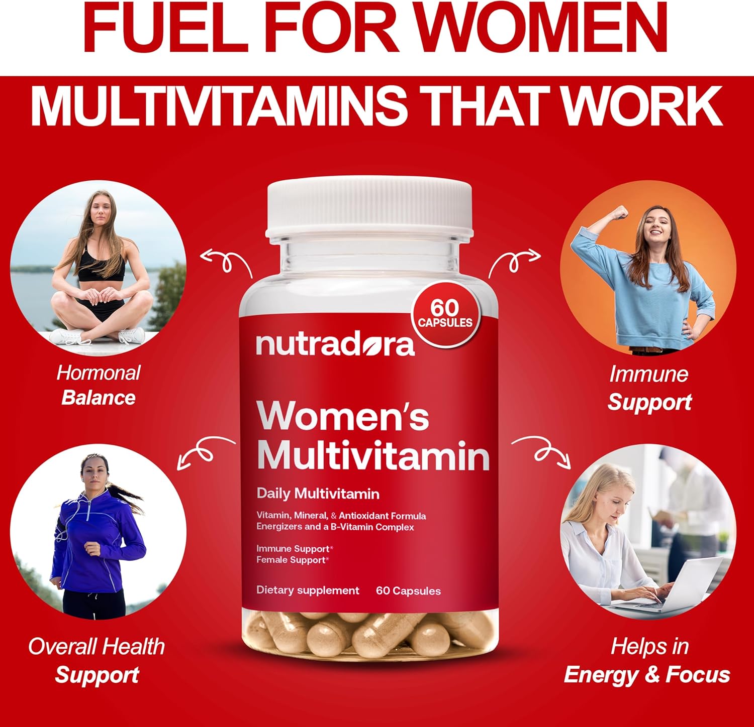 Nutradora Women's Multivitamin Capsules with Essential Vitamins and Minerals for Energy, Mood, Hair, Skin, and Nails