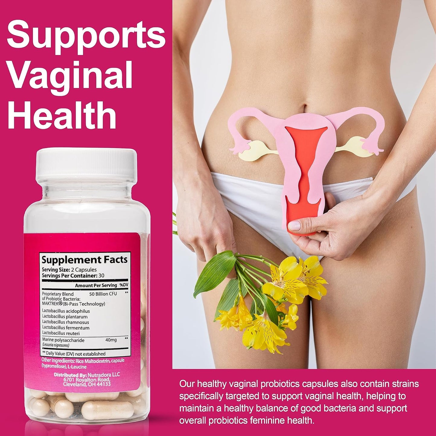 Nutradora Women's Probiotic Capsules - 50 Billion CFU, 16 Strains for Digestive, Feminine, PH Balance, Urinary Tract - 60 Count