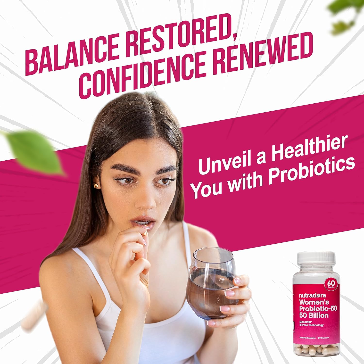 Nutradora Women's Probiotic Capsules - 50 Billion CFU, 16 Strains for Digestive, Feminine, PH Balance, Urinary Tract - 60 Count