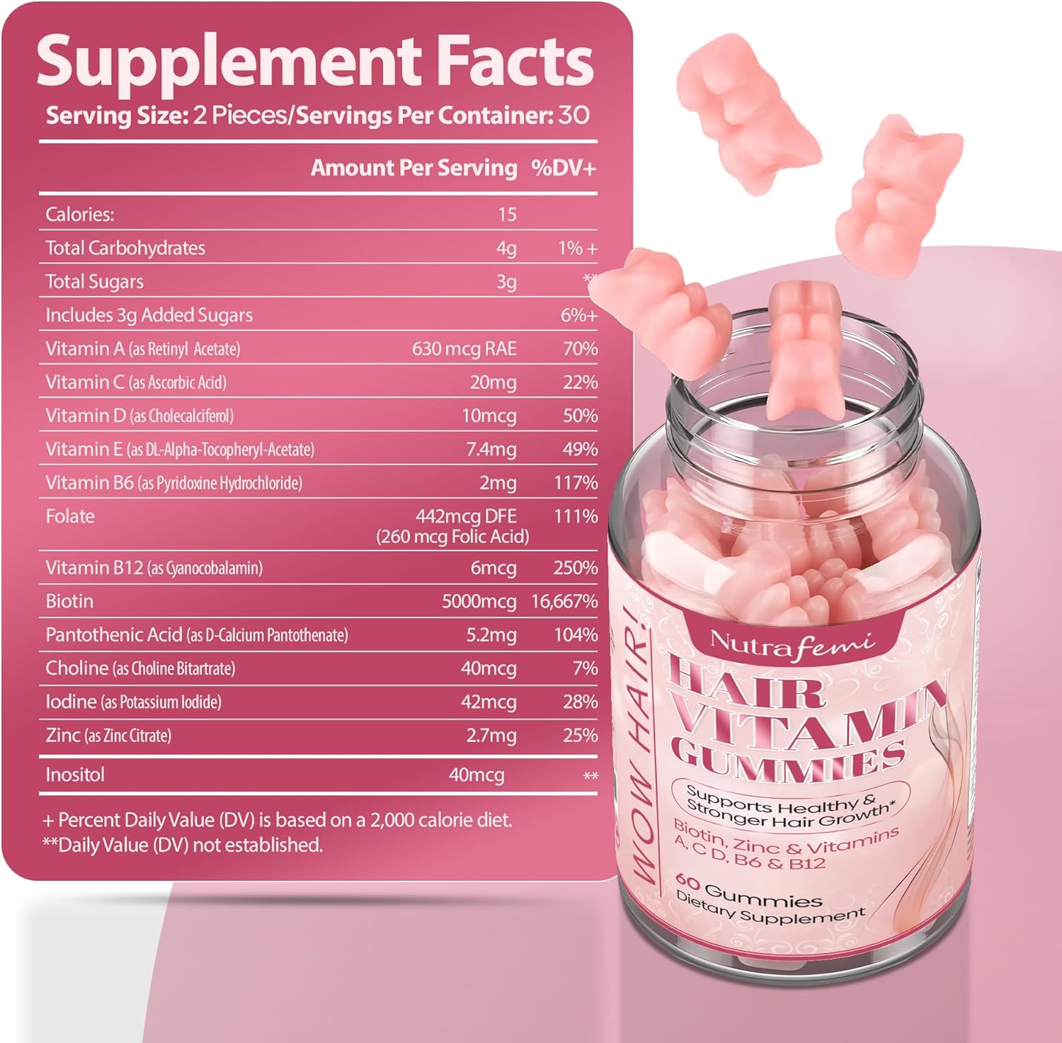 Nutrafemi Biotin Gummies for Women - 60 Gummies with 5000 mcg Biotin for Strong Hair, Healthy Nails, Glowing Skin