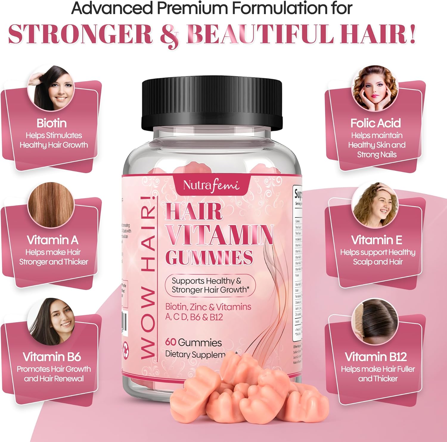 Nutrafemi Biotin Gummies for Women - 60 Gummies with 5000 mcg Biotin for Strong Hair, Healthy Nails, Glowing Skin