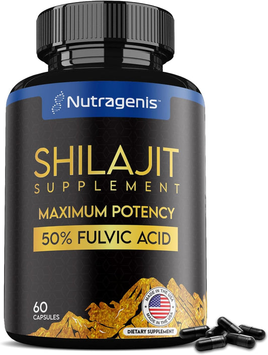 Nutragenis Shilajit Capsules - USA Made with 50% Fulvic Acid, 85+ Trace Minerals for Energy & Immune Support - 60 Count for Men & Women