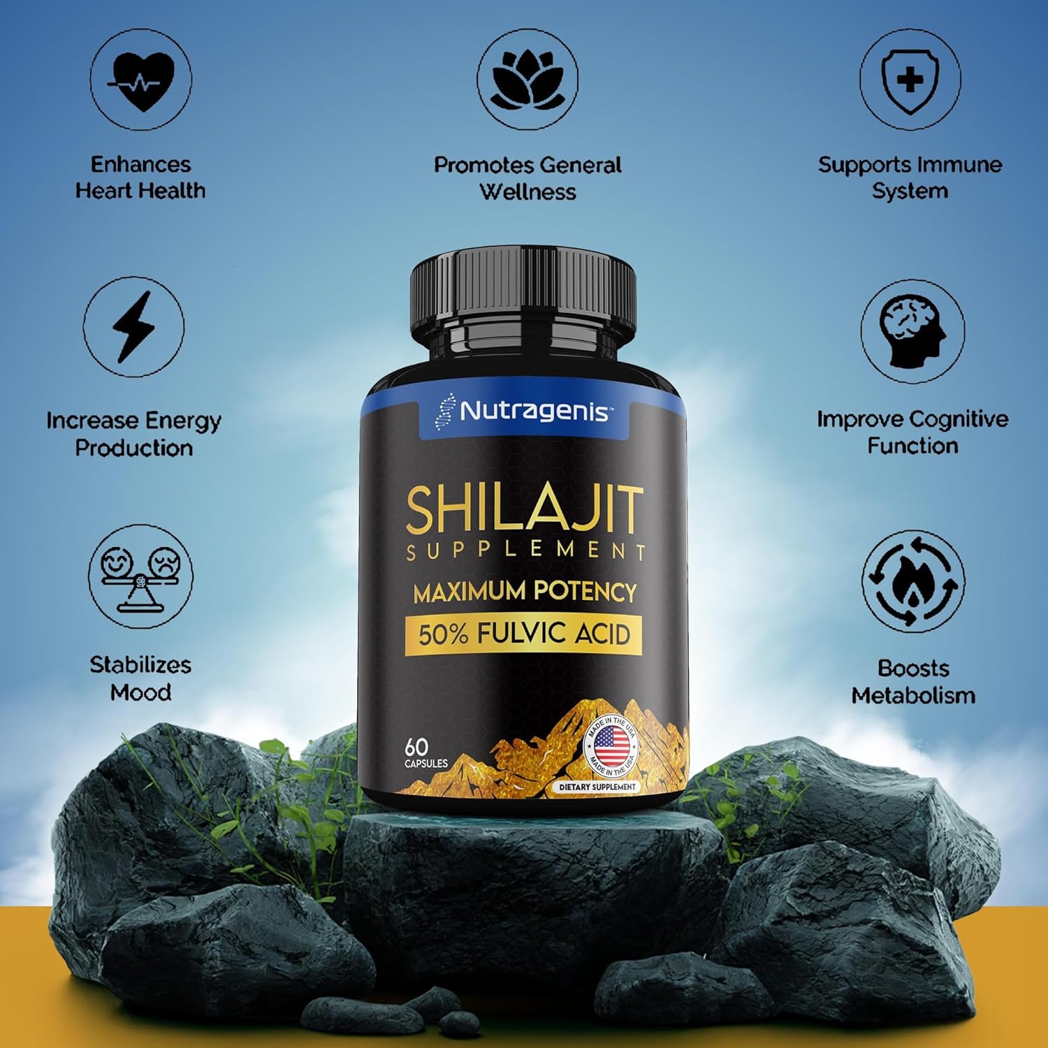 Nutragenis Shilajit Capsules - USA Made with 50% Fulvic Acid, 85+ Trace Minerals for Energy & Immune Support - 60 Count for Men & Women