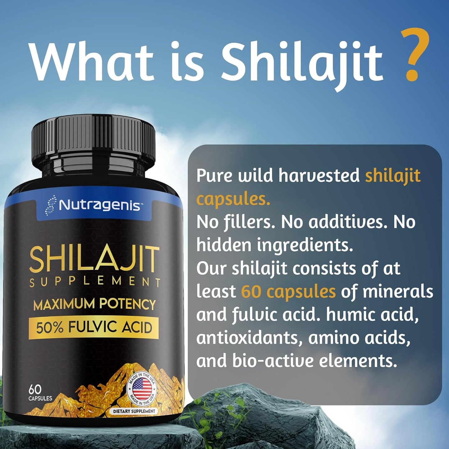 Nutragenis Shilajit Capsules - USA Made with 50% Fulvic Acid, 85+ Trace Minerals for Energy & Immune Support - 60 Count for Men & Women