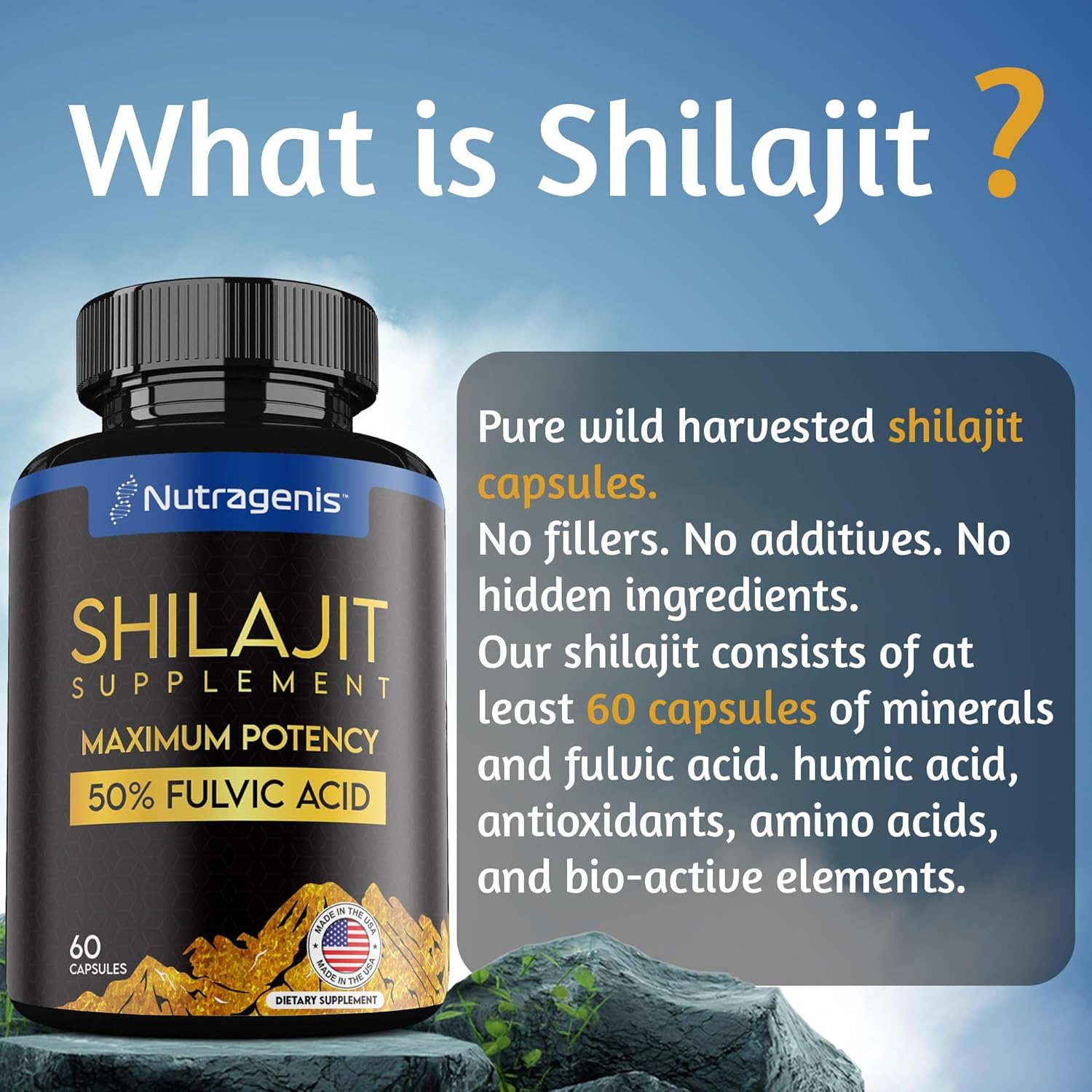 Nutragenis Shilajit Capsules - USA Made with 50% Fulvic Acid, 85+ Trace Minerals for Energy & Immune Support - 60 Count for Men & Women