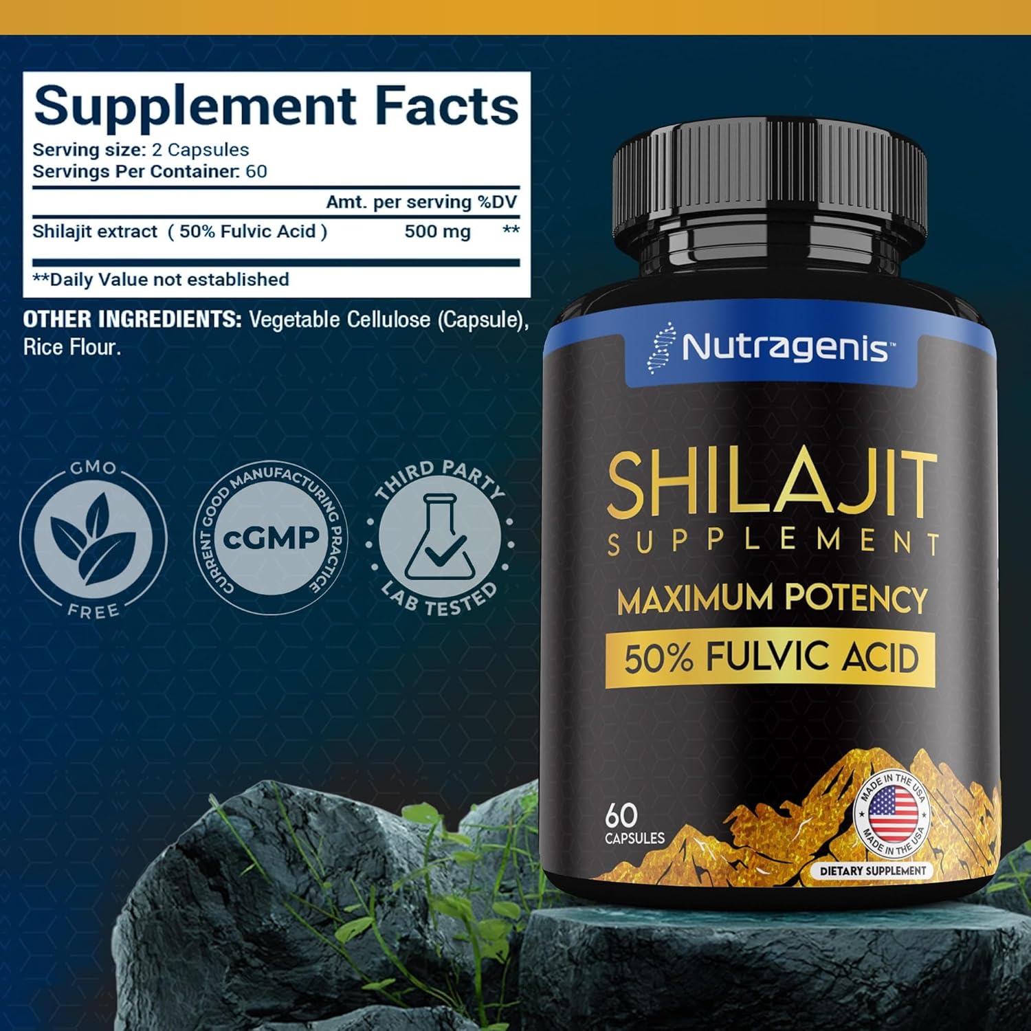 Nutragenis Shilajit Capsules - USA Made with 50% Fulvic Acid, 85+ Trace Minerals for Energy & Immune Support - 60 Count for Men & Women