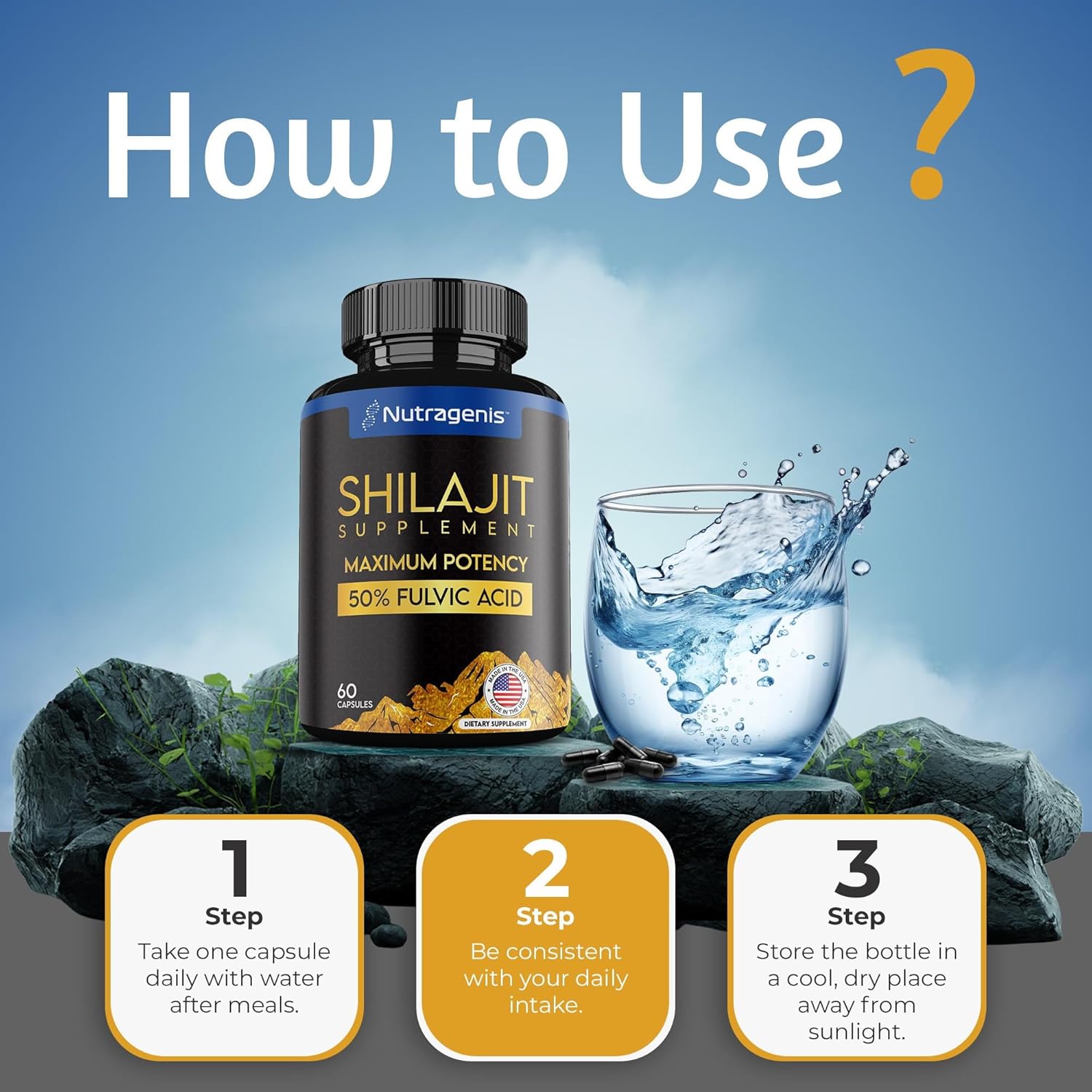 Nutragenis Shilajit Capsules - USA Made with 50% Fulvic Acid, 85+ Trace Minerals for Energy & Immune Support - 60 Count for Men & Women