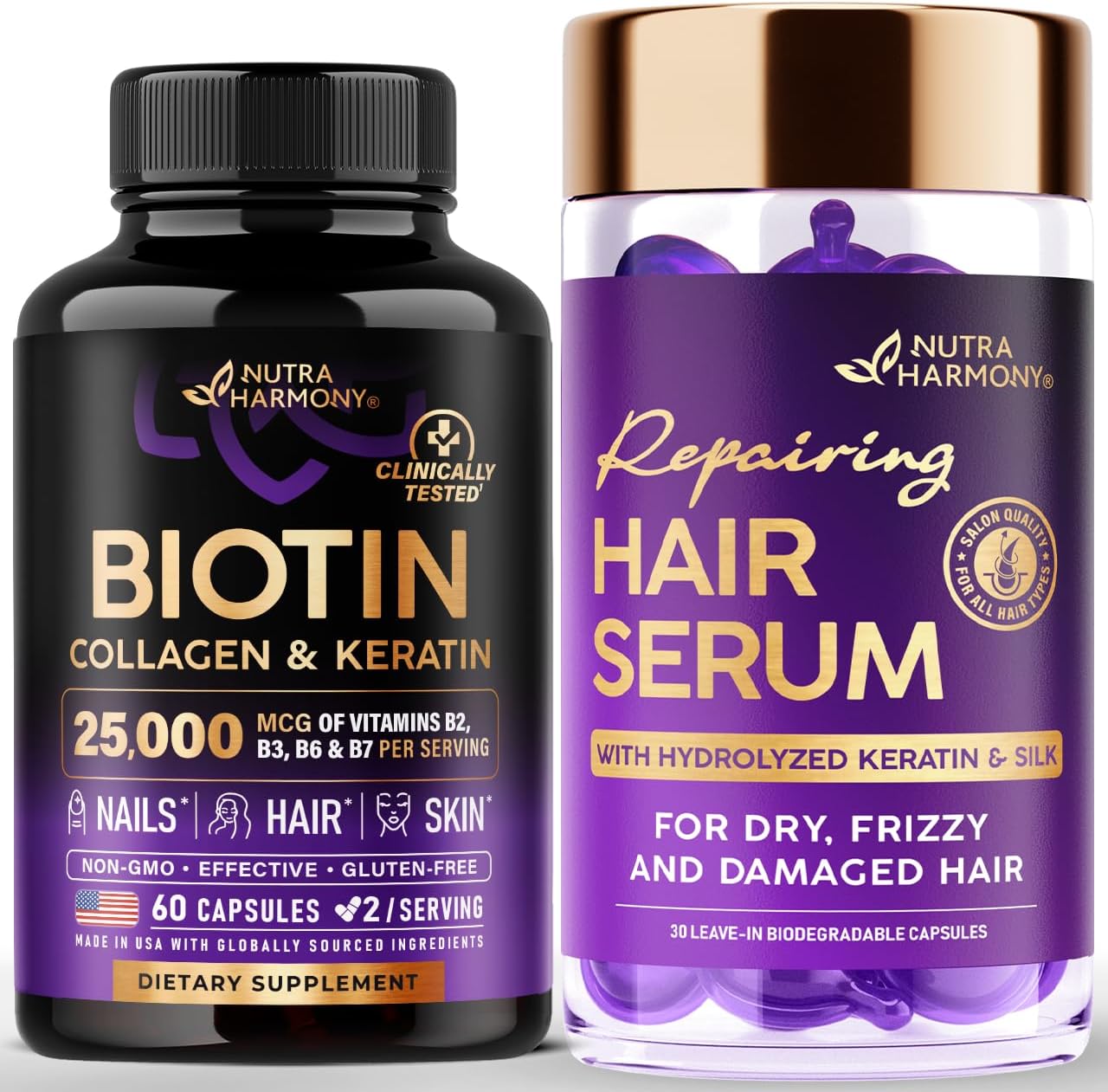 NUTRAHARMONY Biotin Collagen Capsules and Hair Oil Bundle for Stronger Hair