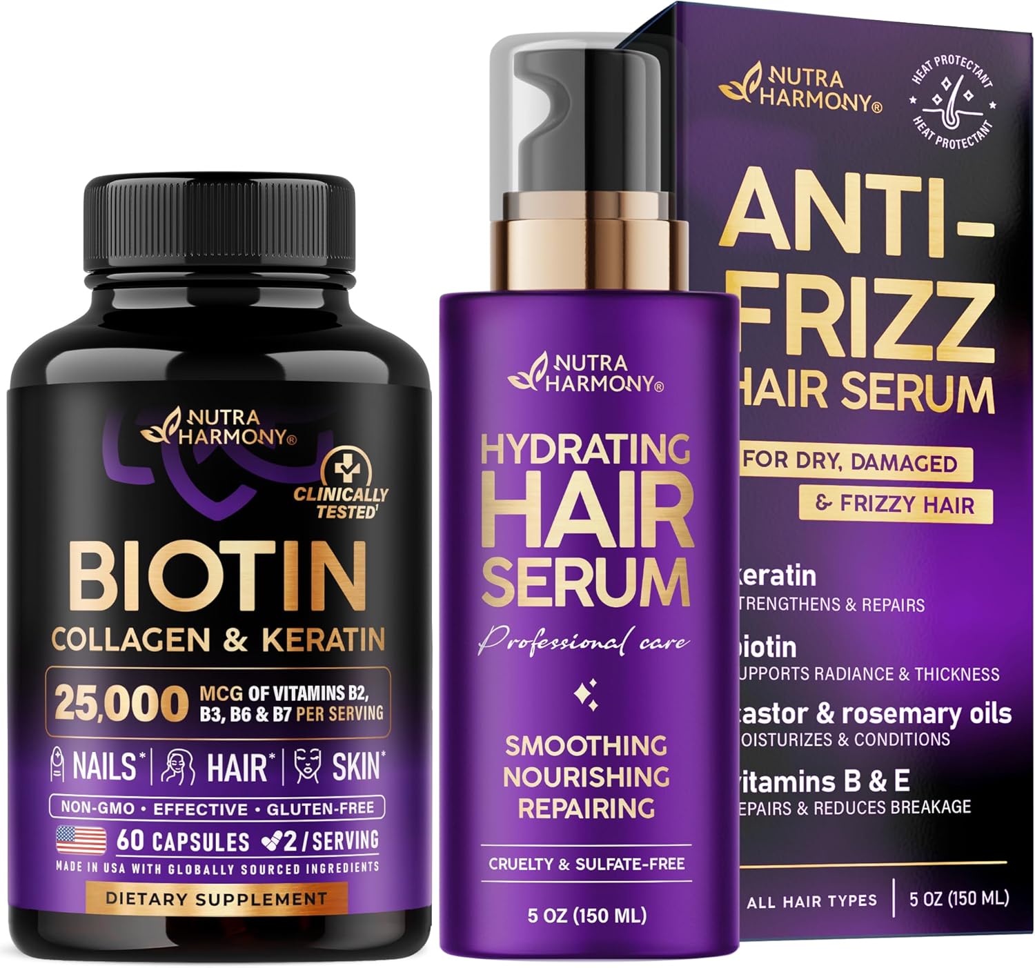 NUTRAHARMONY Biotin Collagen Capsules and Hair Serum for Hair Health and Growth