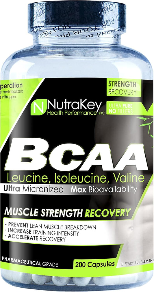NutraKey BCAA Capsules - 1500mg, 200 Count - Amino Acid Supplement for Muscle Recovery and Endurance