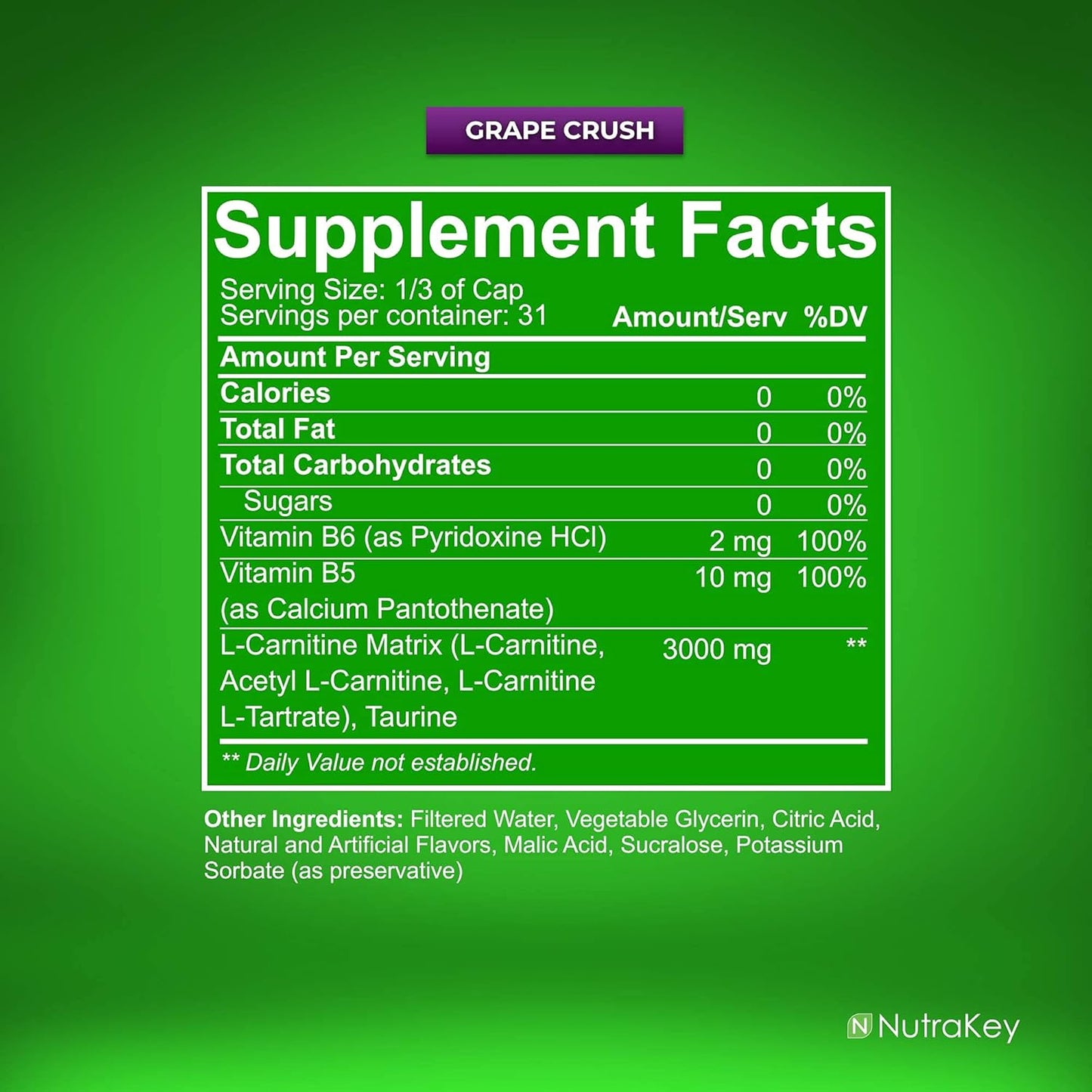 NutraKey L-Carnitine 3000mg Grape Crush - 31 Servings, Sugar-Free & Gluten-Free Energy Booster